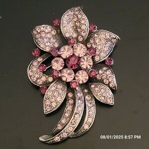 Express Crystal Rhinestone Brooch Purple Pink Floral Silver Tone Statement Pin